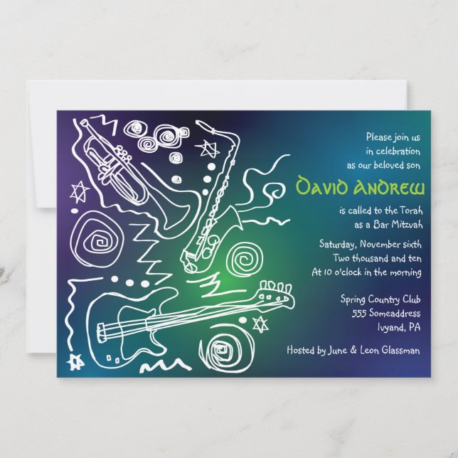 Jazzy Musical Bar Bat Mitzvah Invitation (Front)