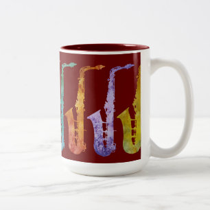 Jazzy Saxaphone Rainbow on Burgandy Two-Tone Coffee Mug