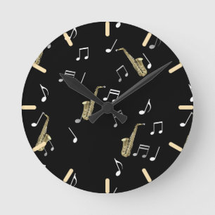 Jazzy Saxophone & Musical Notes Round Clock