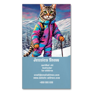Jazzy  winter  cat   skiing magnetic business card