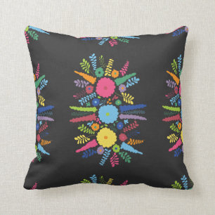jc08 MEXICAN COLORFUL FLOWERS ARRANGEMENT BLACK BA Cushion