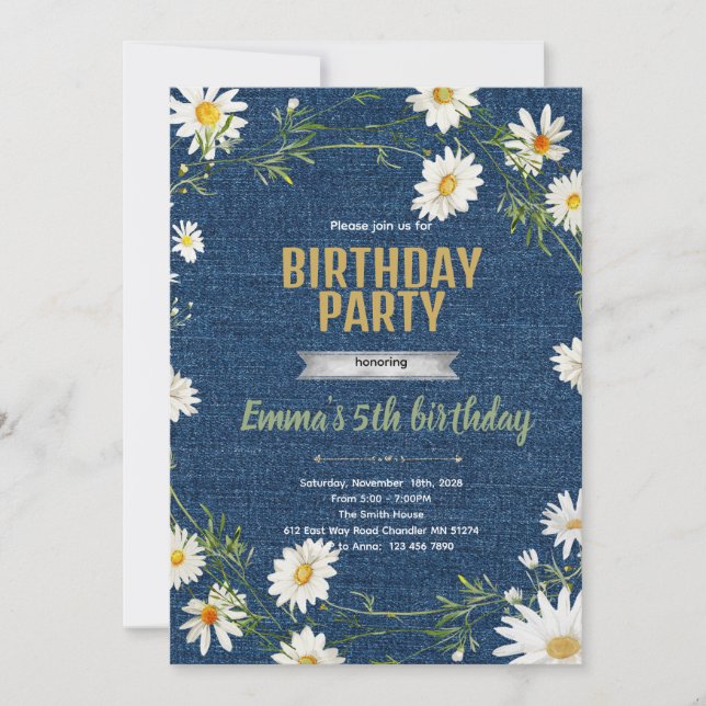 Jean denim daisy birthday party invitation (Front)