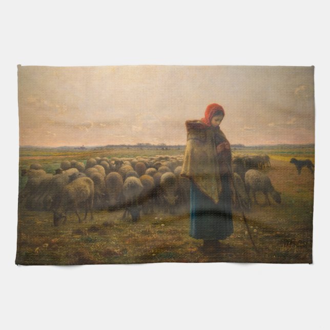 Jean-Francois Millet - Shepherdess and Flock 1863 Tea Towel (Horizontal)