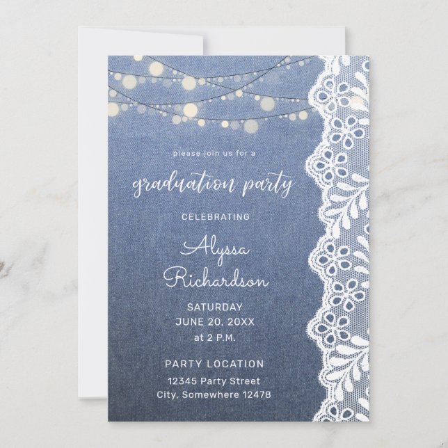 Jean Lace & String Lights Graduation Party Invitation (Front)