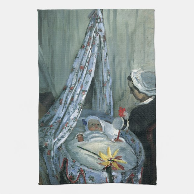 Jean Monet in His Cradle by Claude Monet Tea Towel (Vertical)
