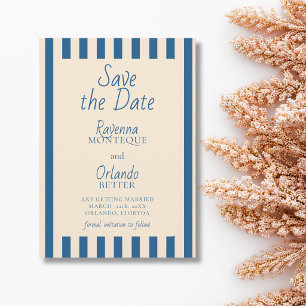 Jeans Blue & Ivory Stripes Retro Minimal Wedding Save The Date