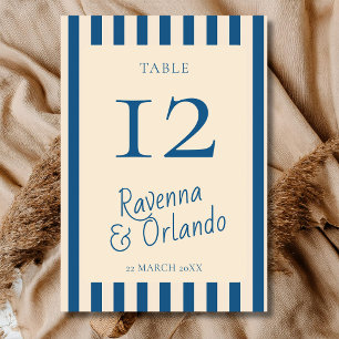 Jeans Blue & Ivory Stripes Retro Minimal Wedding Table Number