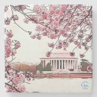 Jefferson Memorial + Blossoms Stone Coaster