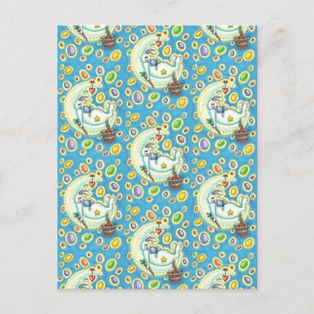 JELLY BEAN DREAMS, SLEEPY EASTER BUNNY ON MOON HOLIDAY POSTCARD (Front)