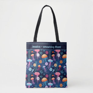 Jelly fish pickleball, with text tote bag
