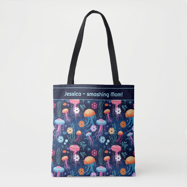 Jelly fish pickleball, with text tote bag (Front)