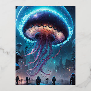 Jellyfish alien in space foil holiday postcard