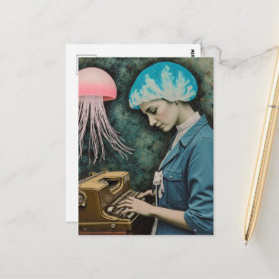 Jellyfish and a Typewriter Surreal Woman Postcard