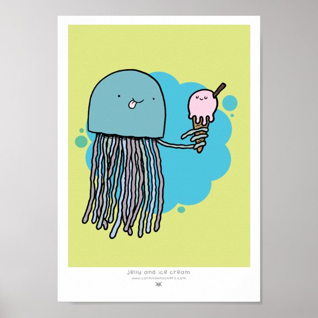 Jellyfish and ice cream A4 print Green background (Front)