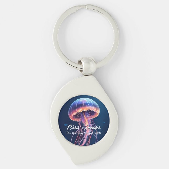 Jellyfish Art, Couple's Names, Year Married Key Ring (Front)