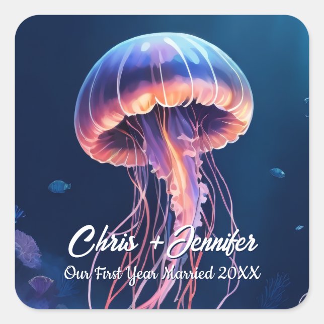 Jellyfish Art, Couple's Names, Year Married Square Sticker (Front)