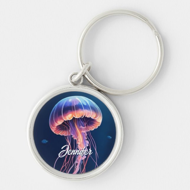 Jellyfish Art, White Script Name Key Ring (Front)