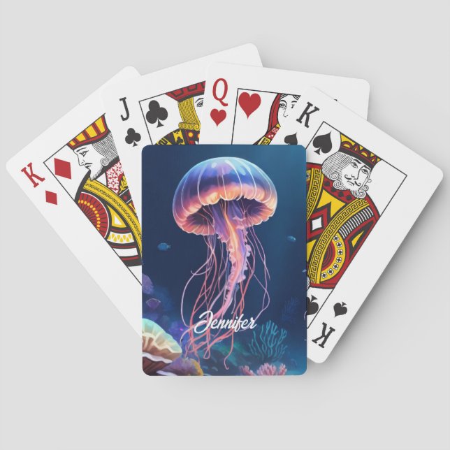 Jellyfish Art, White Script Name Playing Cards (Back)