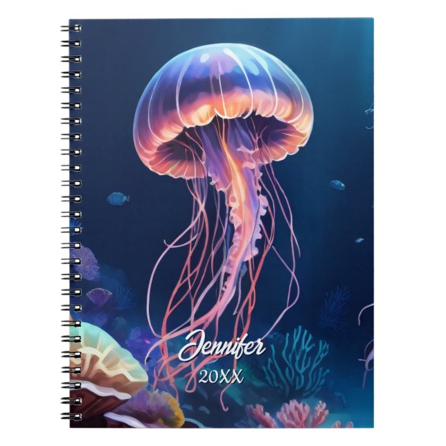 Jellyfish Art, White Script Name, Year Notebook (Front)