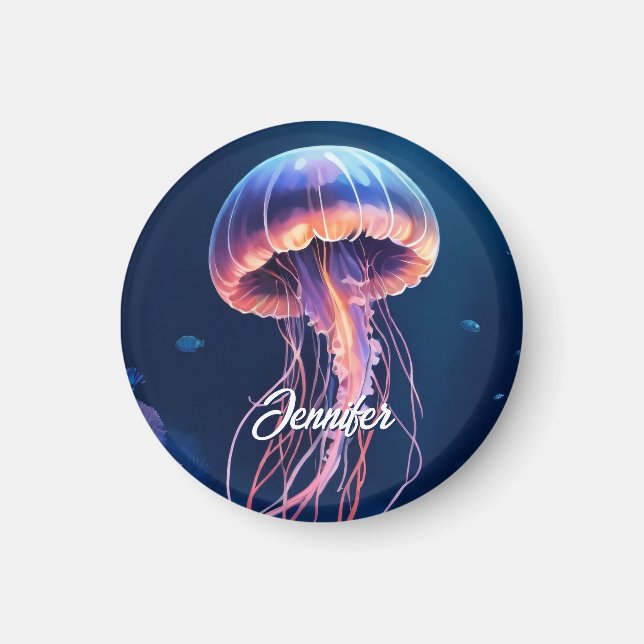 Jellyfish Art, White Script Name, Your Image Magnet (Front)