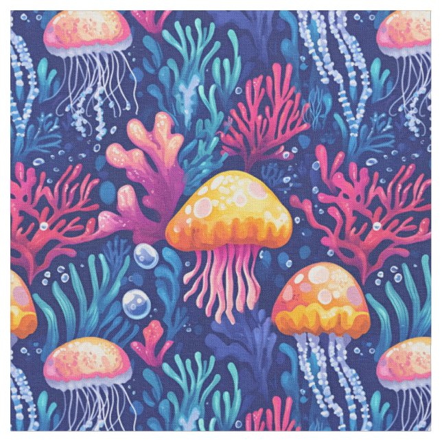 Jellyfish & Coral Reef  Fabric (Close Up)