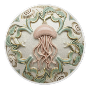 Jellyfish Faux Relief Sea Ocean Cream Gold & Green Ceramic Knob