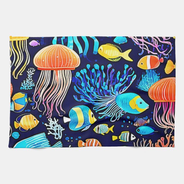 Jellyfish & Fish: Deep Sea Delight Tea Towel (Horizontal)