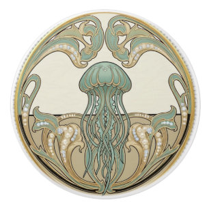 Jellyfish Green Cream & Gold Art Deco Nouveau Ceramic Knob