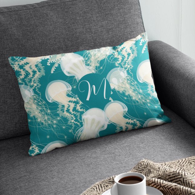 Jellyfish In Blue Ocean Summer Season Monogram Decorative Cushion (Creator Uploaded)