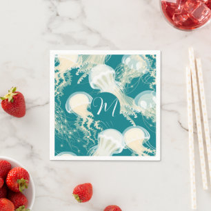Jellyfish In Blue Ocean Summer Season Monogram Napkin