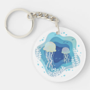 Jellyfish in Ocean Paper Art Illustration Key Ring