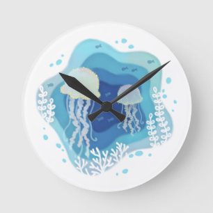 Jellyfish in Ocean Paper Art Illustration Round Clock