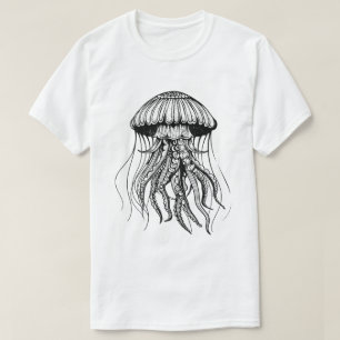 Jellyfish Ink Drawing White Minimal Ocean T-Shirt