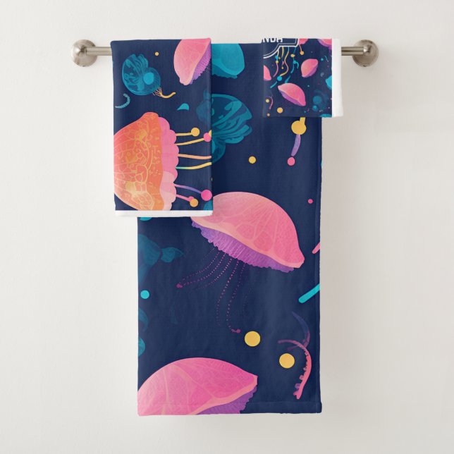 Jellyfish Mosaic Colourful Personalised Pattern Bath Towel Set (Insitu)