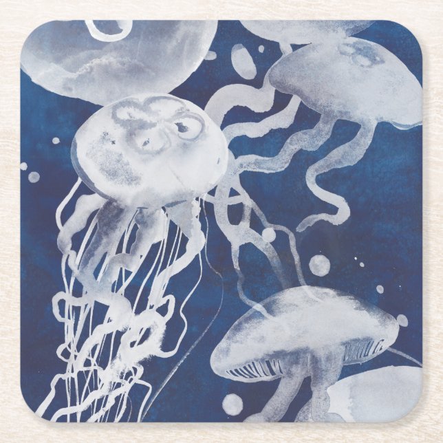 Jellyfish on Navy Background Square Paper Coaster (Front)