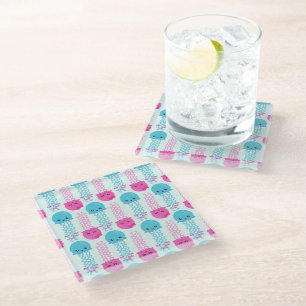 Jellyfish Pattern, Cute Jellyfish, Sea Animals Glass Coaster