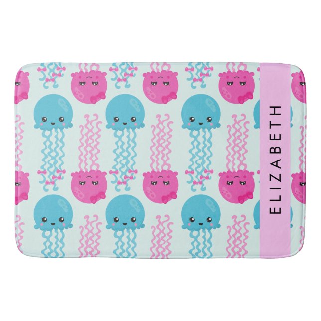 Jellyfish Pattern, Cute Jellyfish, Sea, Your Name Bath Mat (Front)