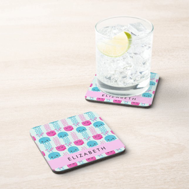 Jellyfish Pattern, Cute Jellyfish, Sea, Your Name Coaster (Right Side)