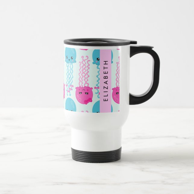 Jellyfish Pattern, Cute Jellyfish, Sea, Your Name Travel Mug (Right)