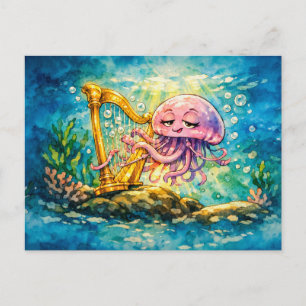 Jellyfish playing harp cartoon postcard
