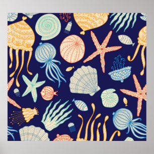 Jellyfish Shells Fish Algae Pattern Poster