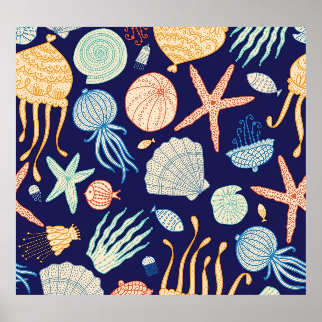 Jellyfish Shells Fish Algae Pattern Poster (Front)