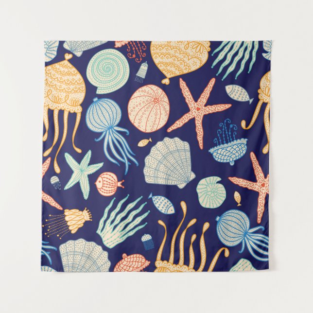 Jellyfish Shells Fish Algae Pattern Tapestry (Front)