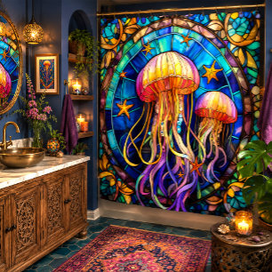 Jellyfish stained glass style art shower curtain