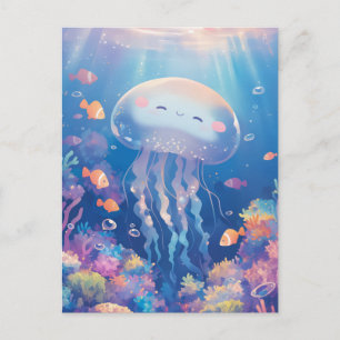 Jellyfish Swimming in Colorful Tropical Coral Reef Postcard