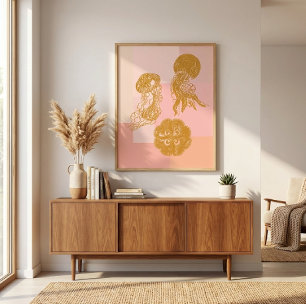 Jellyfish Vintage Ocean Illustration Pink and Gold Poster