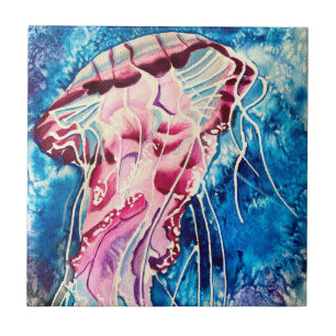 Jellyfish watercolor ocean art tile