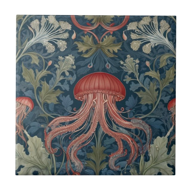 Jellyfish William Morris style Sea Ocean Botanical Tile (Front)
