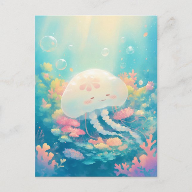 Jellyfish with Pink Flower in Tropical Coral Reef Postcard (Front)