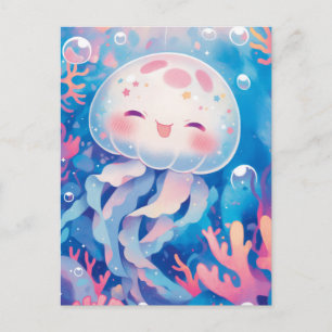 Jellyfish with Stars and Bubbles in Coral Reef Postcard